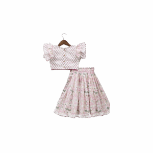2 Pc Lehenga Set With Butterfly Sleeves Top & Pleated Skirt With Lotus Print.