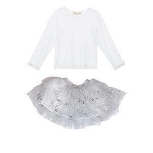 Pearl Trim Top & Silver Dots Tutu Skirt