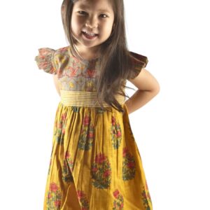 Mustard Multi Print Flutter Sleeves Belted Dress