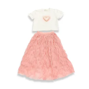 Pink Heart Patch &  Wavy Mesh Midi Skirt