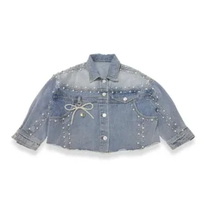 Light Wash Embellished Denim Jacket w/ Bow