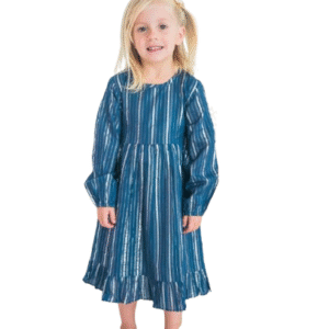 Navy Solid Color Lurex Long Sleeve Ruffle Detail Dress 